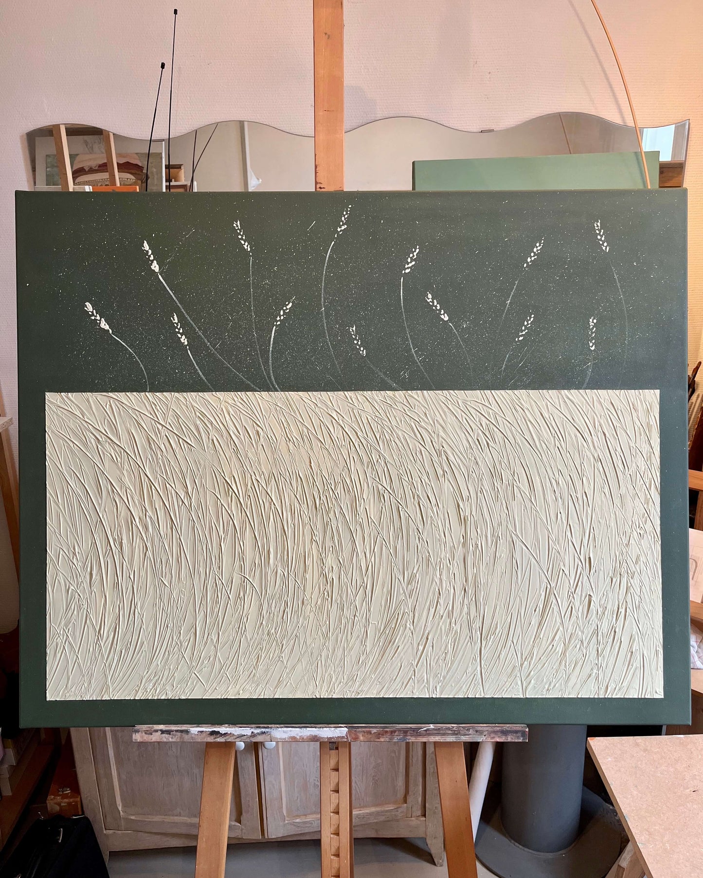"VENT D'ÉTÉ" Tableau texturé, relief beige & vert sapin