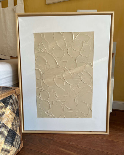 Tableau texturé en relief beige 
Collection monochrome
Cadre caisse américaine bois naturel