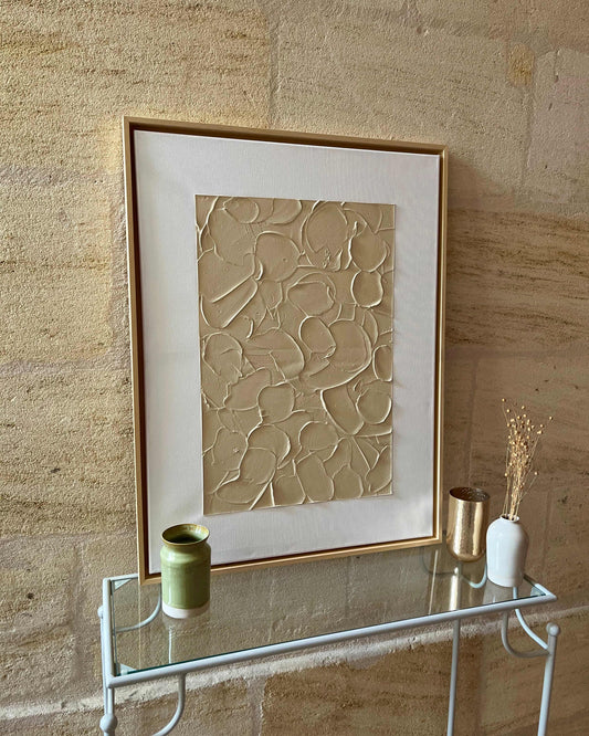 Tableau texturé en relief beige 
Collection monochrome
Cadre caisse américaine bois naturel