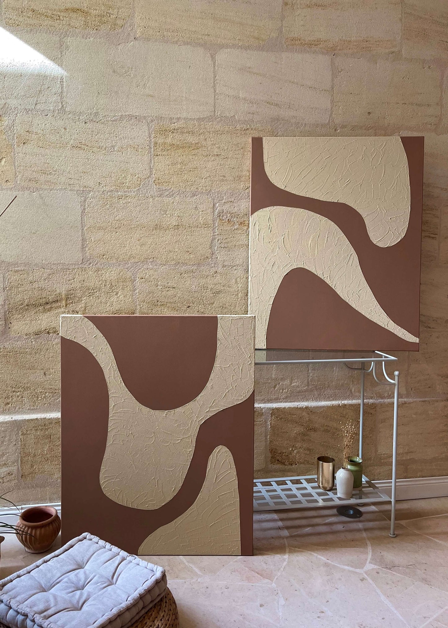Duo de tableaux texturé 
relief grainé blanc crème