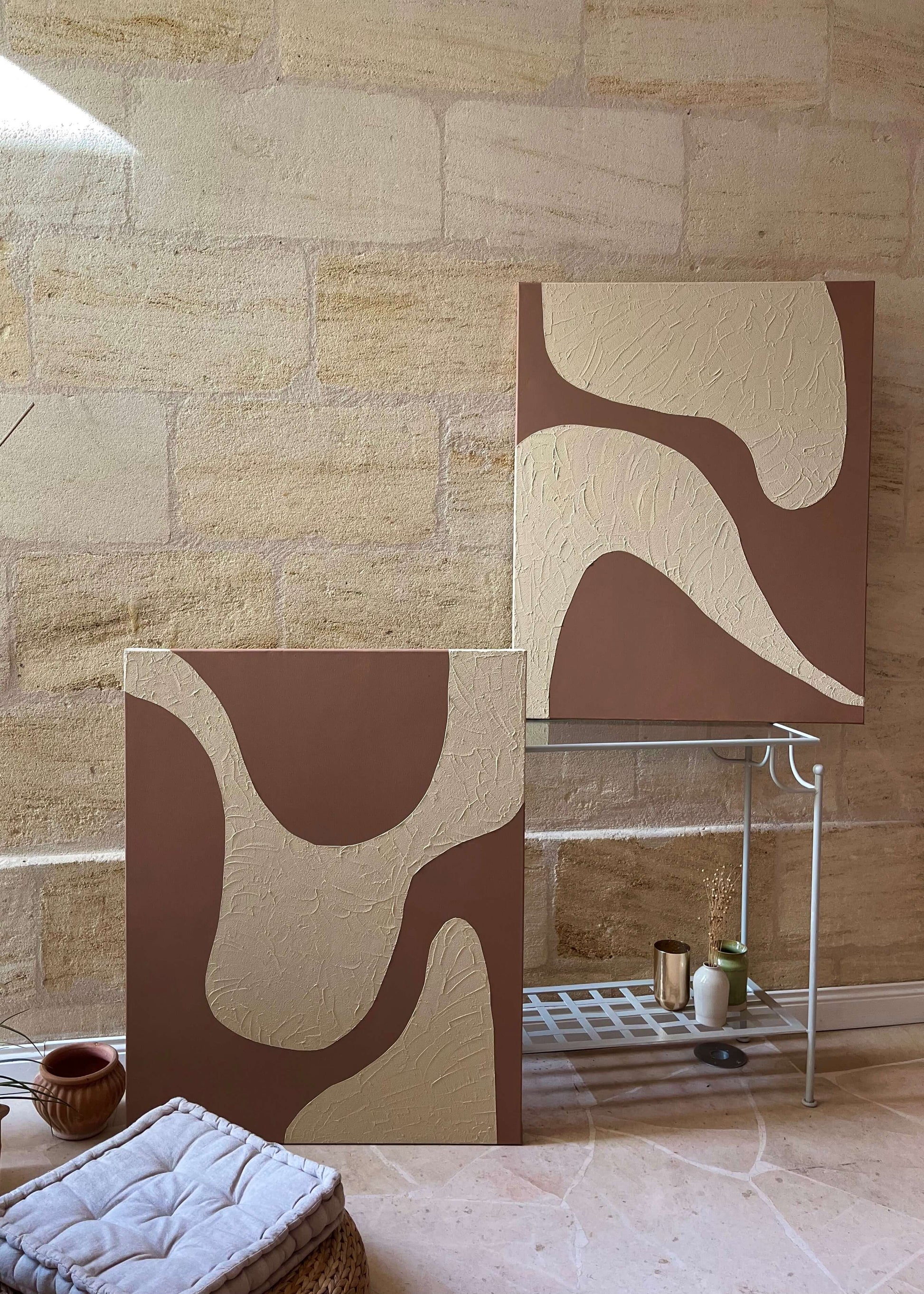 Duo de tableaux texturé 
relief grainé blanc crème