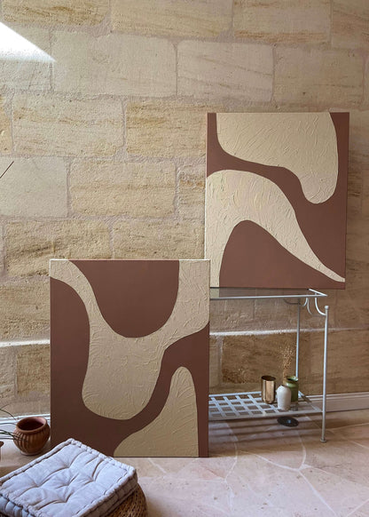 Duo de tableaux texturé 
relief grainé blanc crème