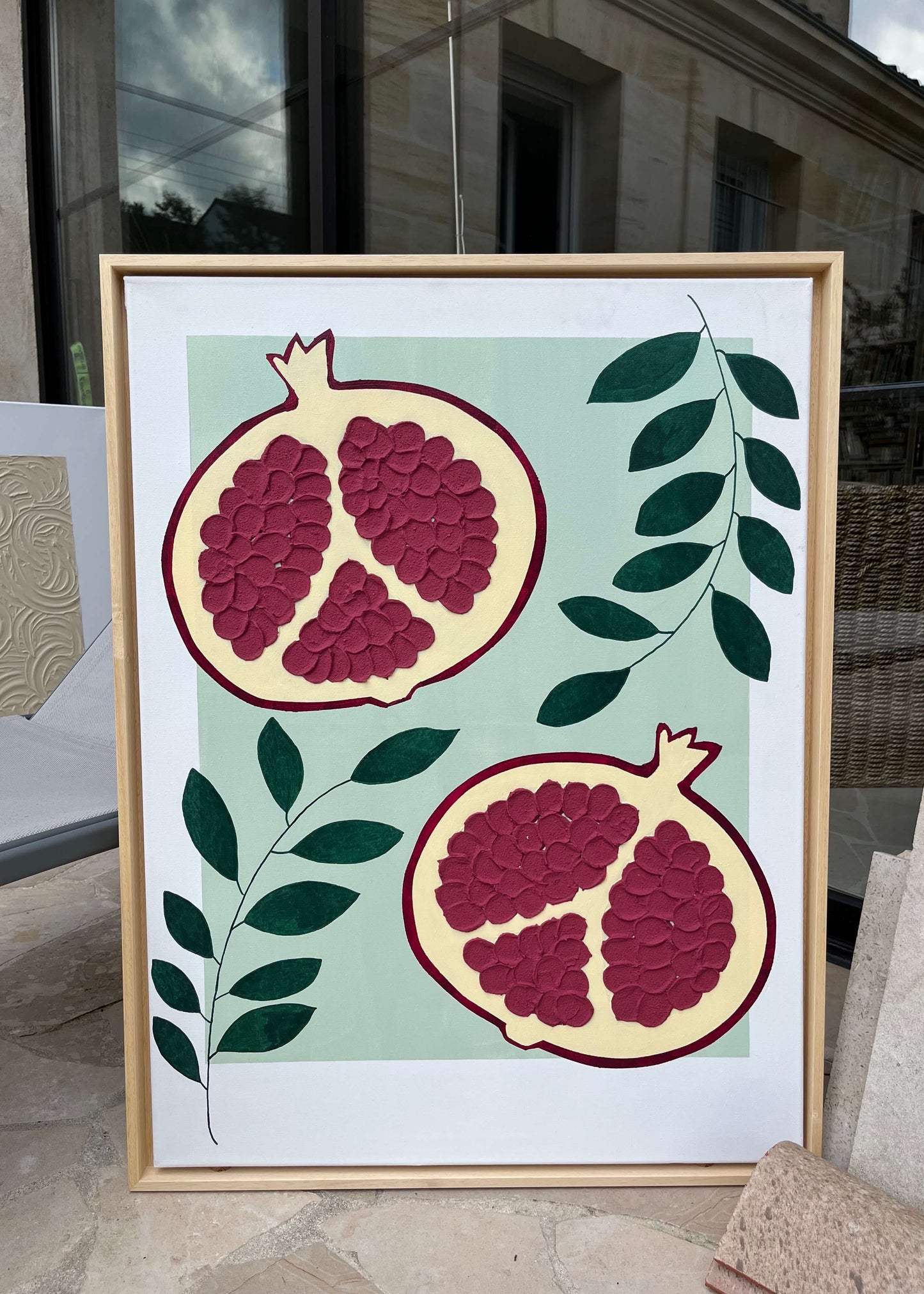 Tableau de la Collection "Fruits" 
Relief grainé avec pâte texturée 
Dimensions 60x80cm
Cadre caisse américaine bois naturel
