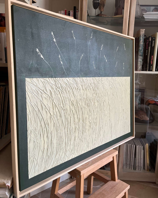 "VENT D'ÉTÉ" Tableau texturé, relief beige & vert sapin