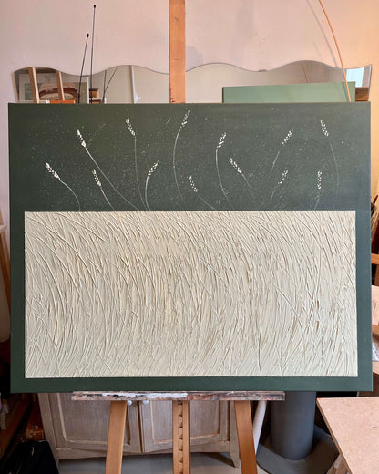 "VENT D'ÉTÉ" Tableau texturé, relief beige & vert sapin